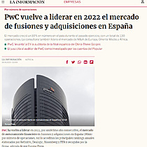 PwC vuelve a liderar en 2022 el mercado de fusiones y adquisiciones en Espaa